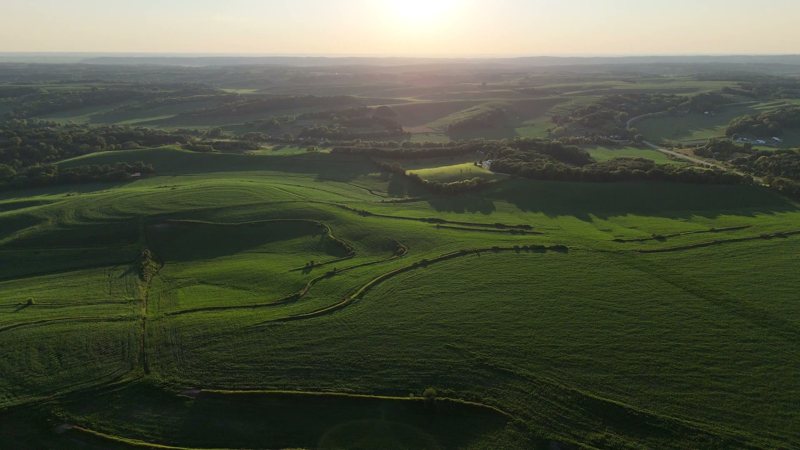 Farmland from the air at sunrise